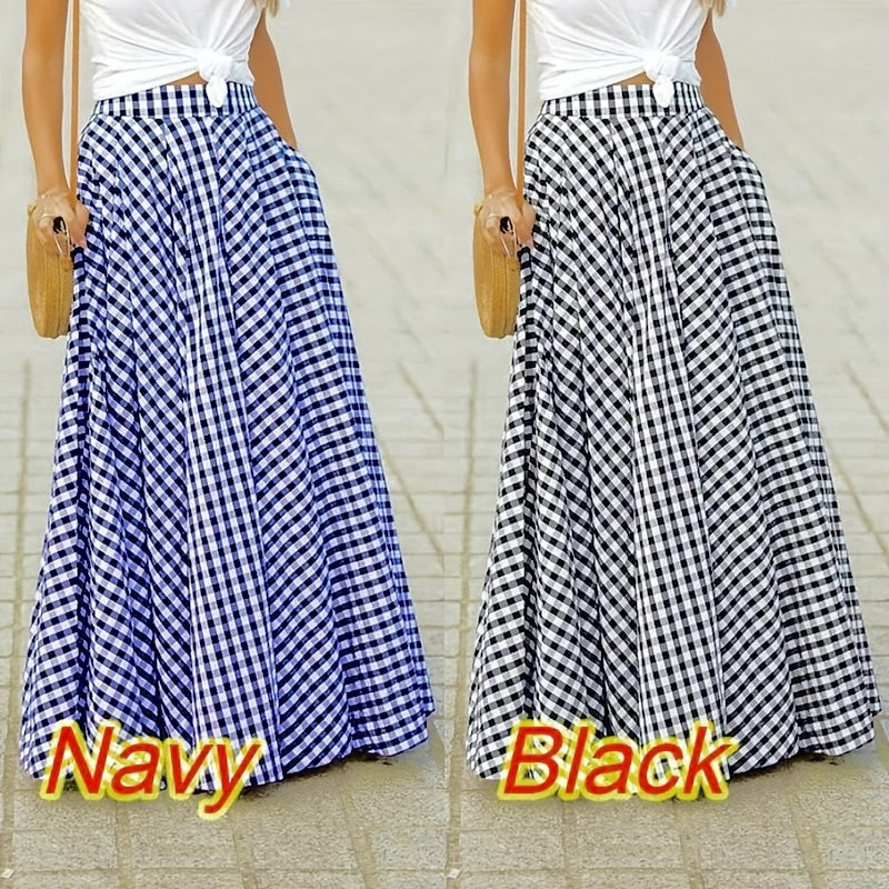 Plaid High Waist A-Line Midi Skirt for Women Checkered Woven Opaque Flowing Mid Length Skirt Spring Fall Casual Streetwear Blue White Black White S-XXL