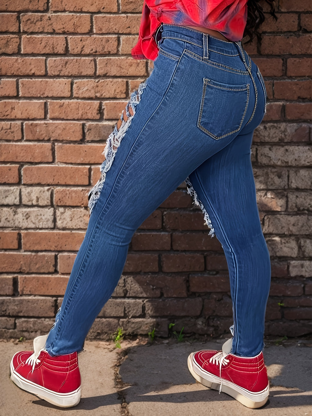 Distressed High Waist Jeans for Women Ripped Torn Frayed Elastic Denim Pants Skinny Fit Casual Streetwear Medium Dark Light Blue Grey White S-XXL