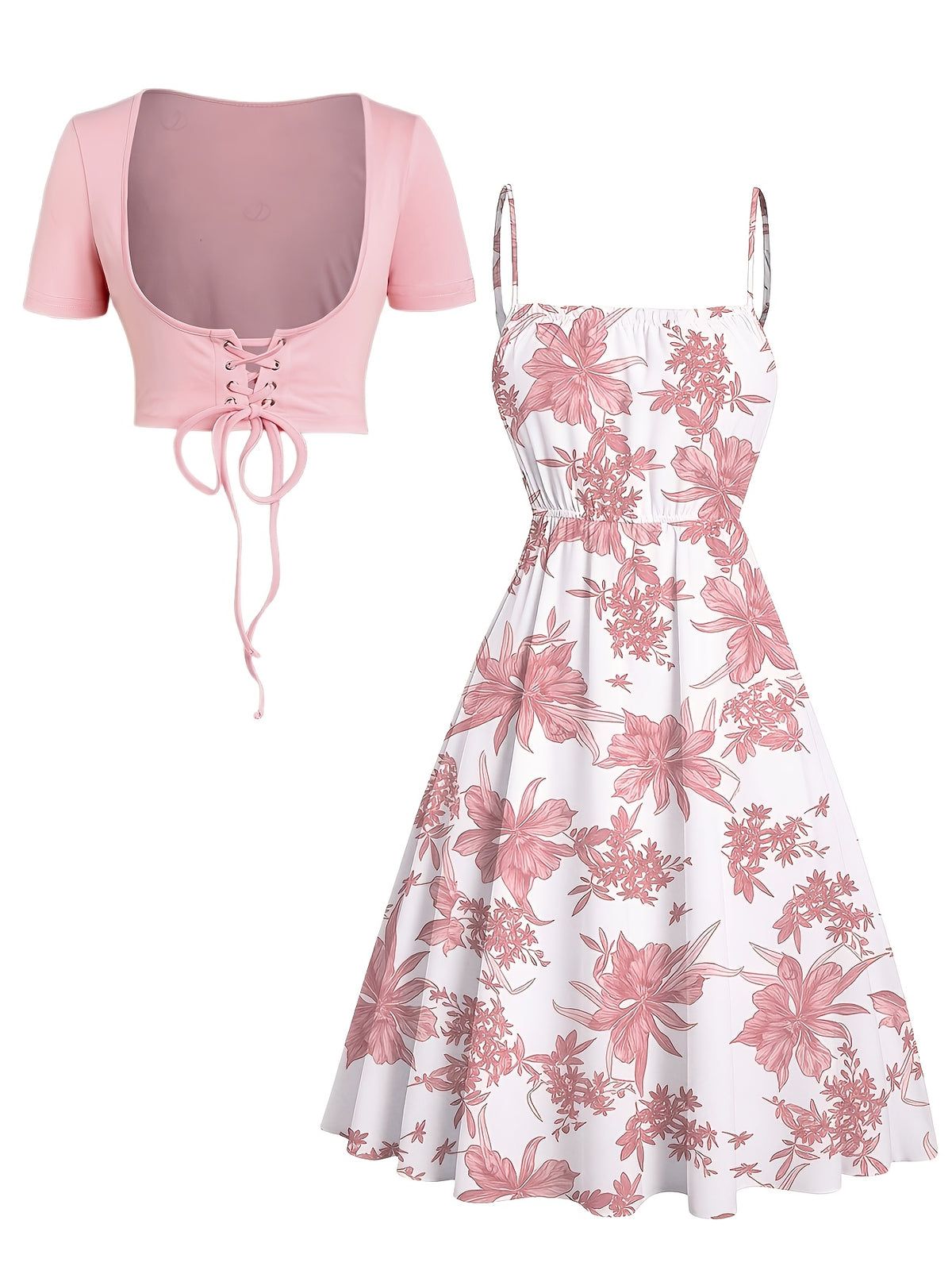 Women Floral Print Cami Dress and Lace Up Crop Top 2 Piece Set Sleeveless Waisted Summer Vacation Beach Casual Matching Outfit