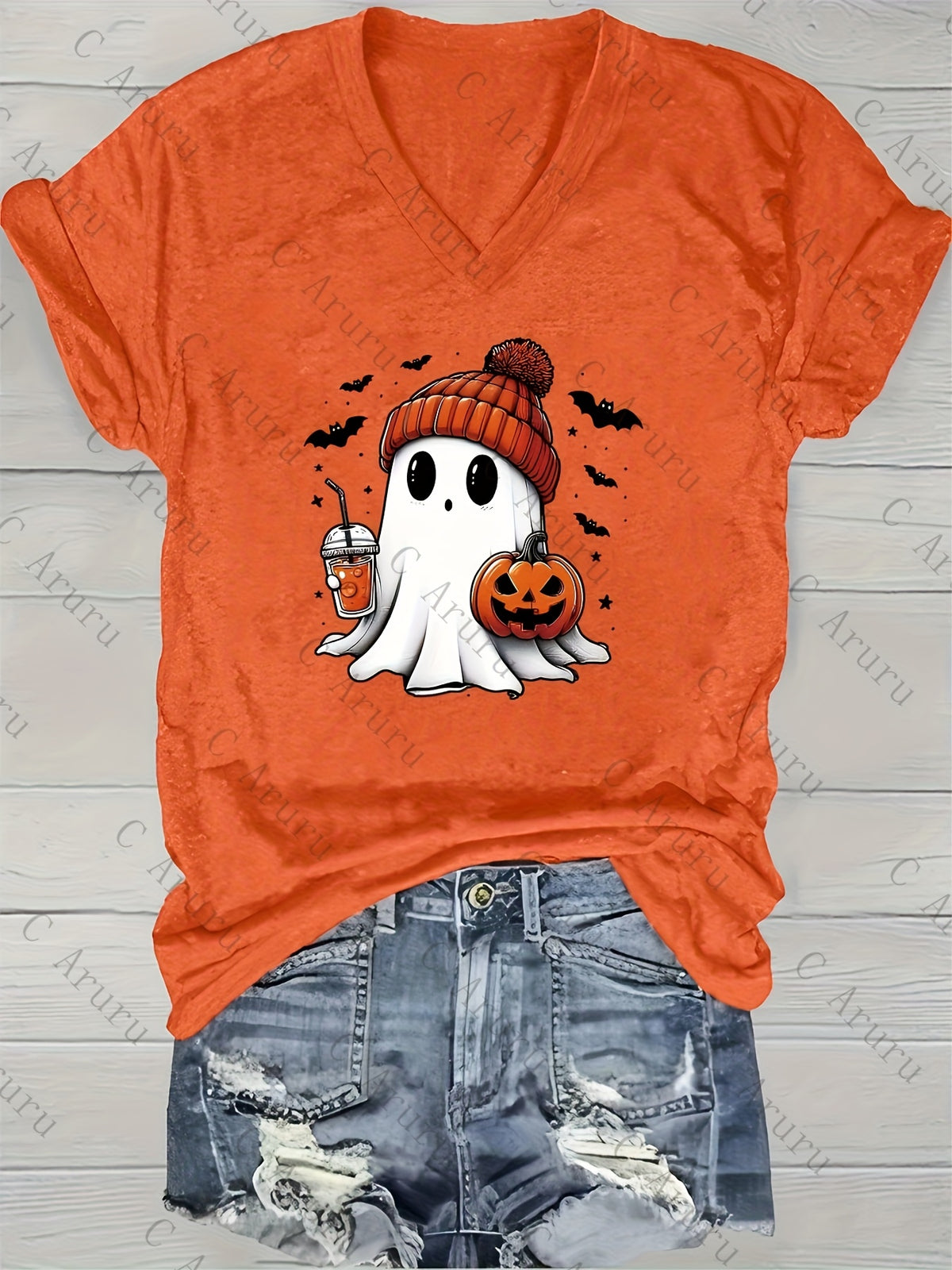 Ghost Print V-Neck T-Shirt Women Casual Short Sleeve Graphic Tee Fun Holiday Gift Spring Summer Top S-XXL