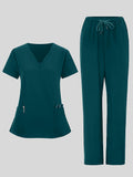 2pcs Women's V-Neck Work Uniform Set Breathable Pocket Top & Pants - Machine Washable Matching Scrub Suit for Healthcare, Education, Retail Casual Professional Attire