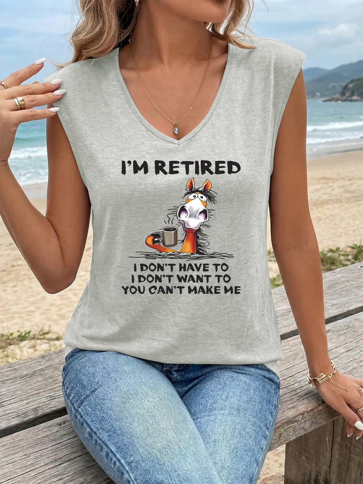 Women's V-Neck Sleeveless Tank Top Funny Retired Cartoon Graphic Tee Breathable Stretch Knit Summer Beach Casual T-Shirt