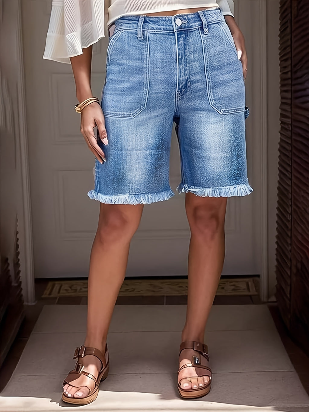 High Waist Frayed Hem Cargo Denim Shorts Women Gradient Wash Casual Jean Shorts Light Blue S M L XL XXL
