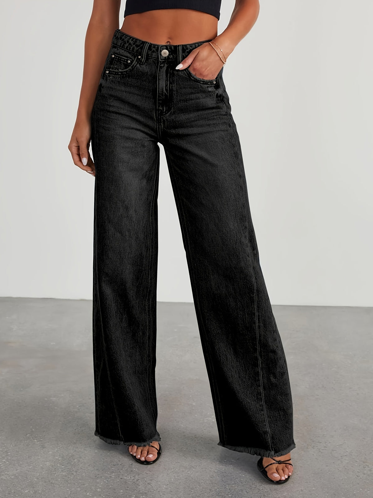 High-Waisted Wide Leg Jeans for Women - Casual Baggy Stretch Denim Pants with Pockets, Relaxed Fit Solid Color Trousers for Everyday & Weekend Wear