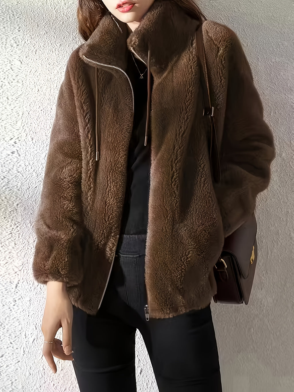 Plush Hooded Zip-Up Jacket for Women Solid Color Fuzzy Sherpa Coat Warm Winter Casual Daily