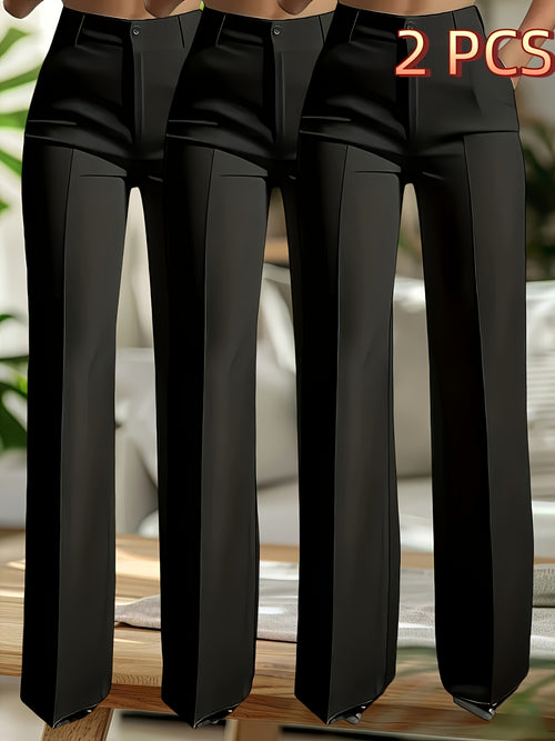 2pcs Women Elegant Straight Leg Pants Suit Set Solid Color Slanted Pocket Office Work Trousers Machine Washable S-XXL