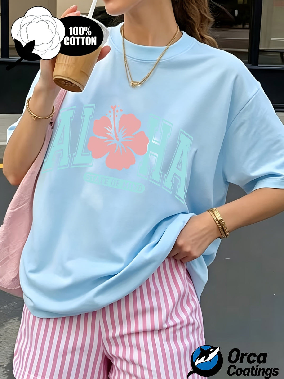 Women's Aloha Hibiscus Graphic Print T-Shirt 100% Cotton Crew Neck Short Sleeve Summer Beach Casual Tee