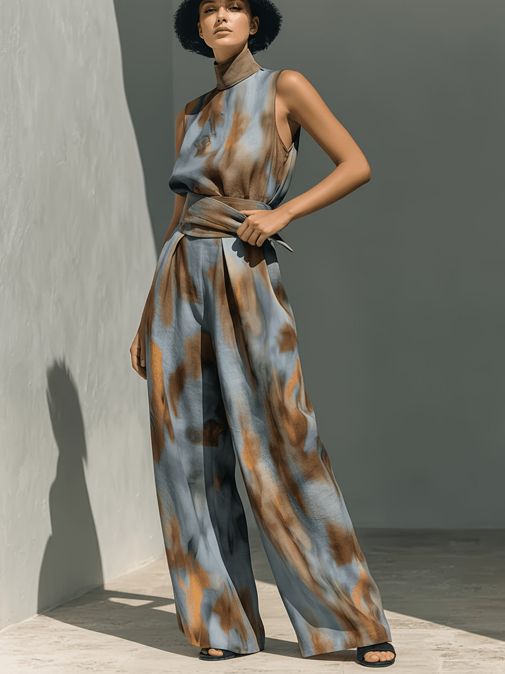 Tie-Dye Print High Neck Sleeveless Top and Wide-Leg Pants 2-Piece Set Street Style Casual S-XXL