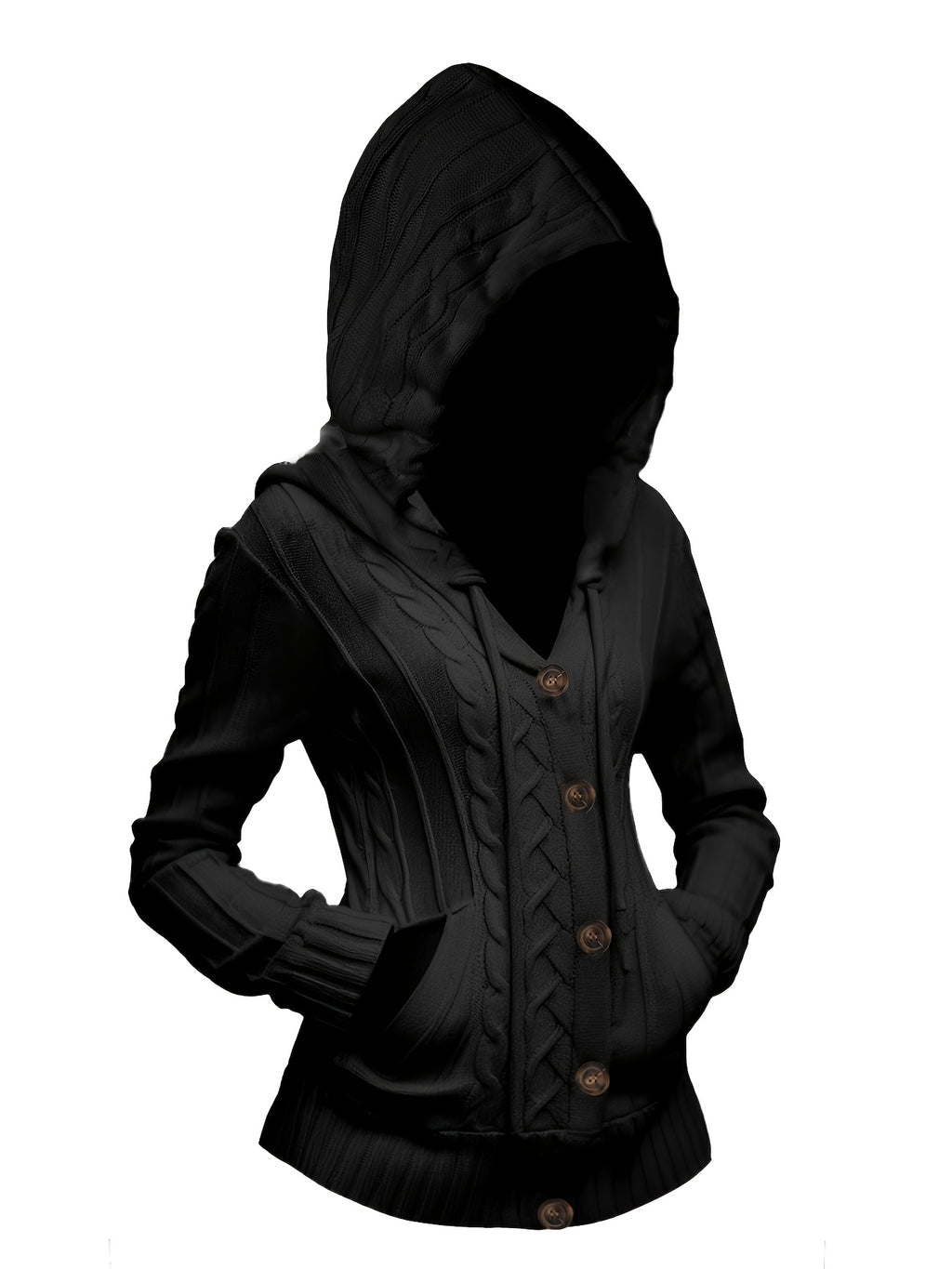 Women Cable Knit Hooded Cardigan Button Up Long Sleeve Solid Color Chunky Knit Casual Sweater Coat Cozy Fall Winter Layering Outerwear