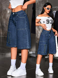 Knee Length Denim Shorts Women Multi Pocket Zipper Workwear Street Style Royal Blue Casual Bermuda Jean Shorts S-XXL