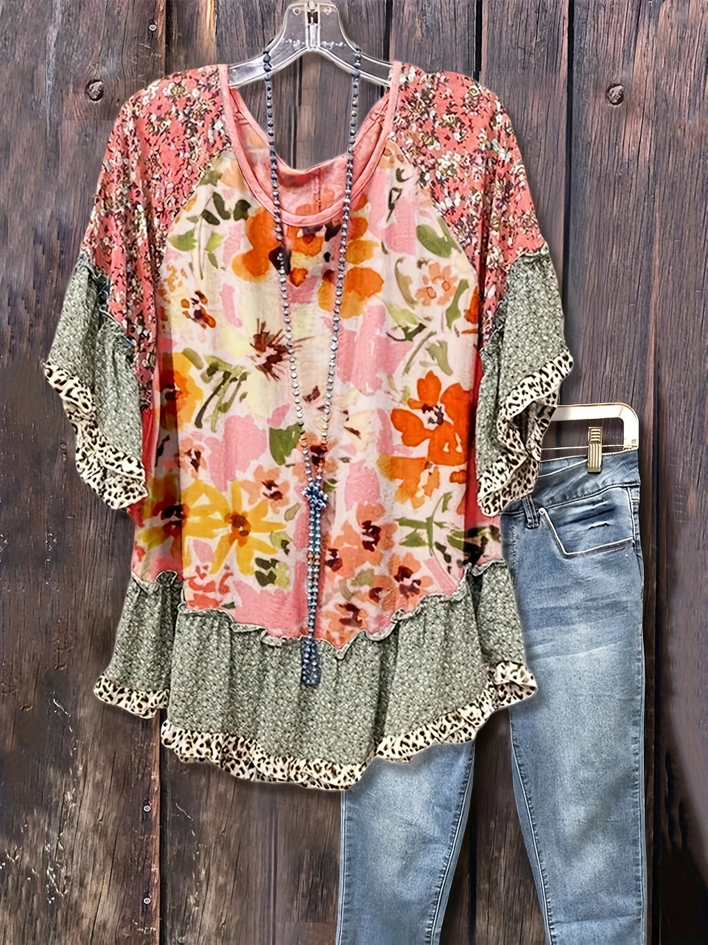 Vintage Floral Leopard Print Loose Blouse Top Women Ruffle Patchwork Cuffs Hem Casual Long Sleeve Shirt Women's Clothing