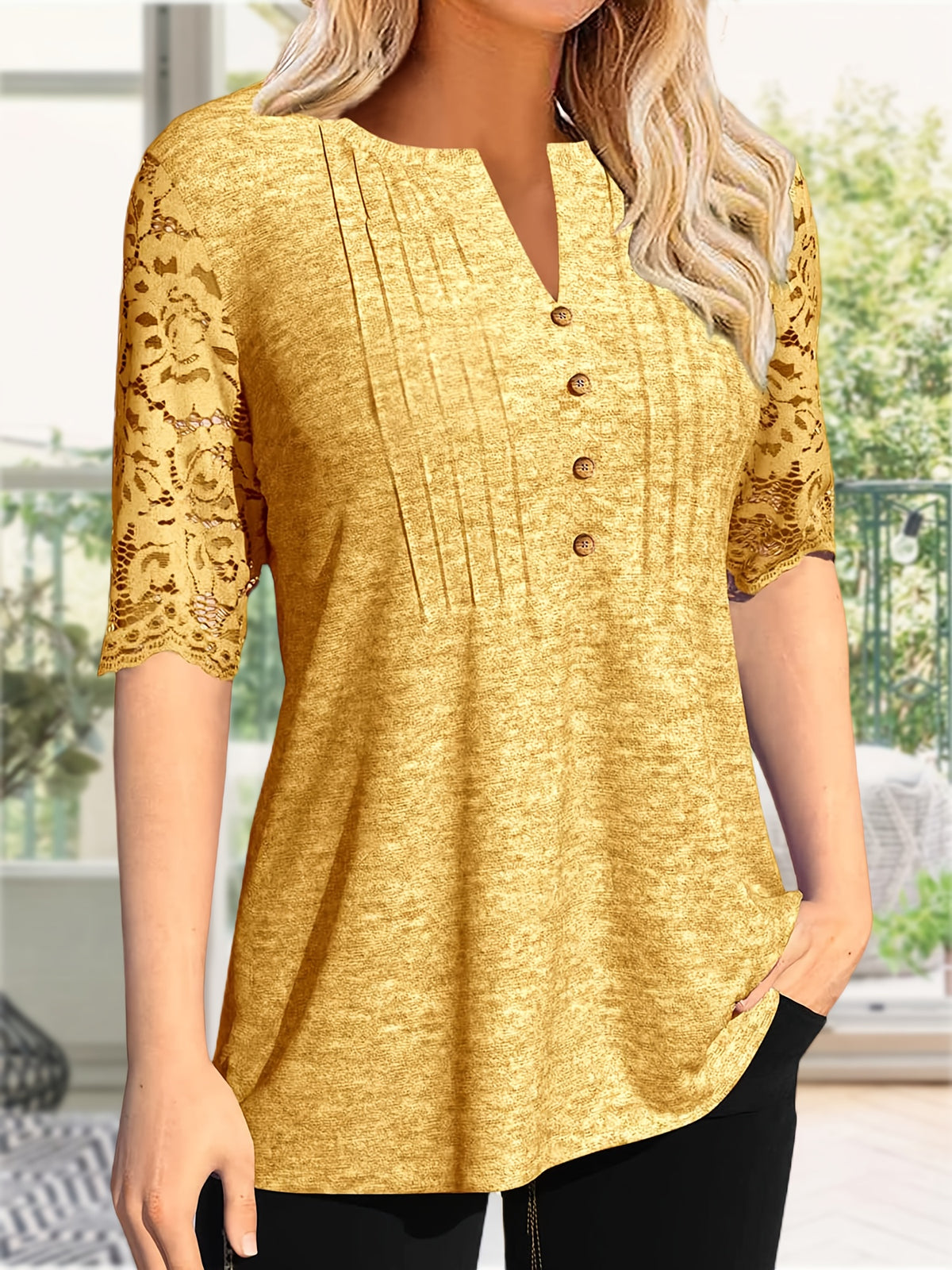 Button Front V-Neck Top Women Pleated Detail Short Sleeve Solid Color Casual Summer Blouse Lightweight Breathable Machine Washable