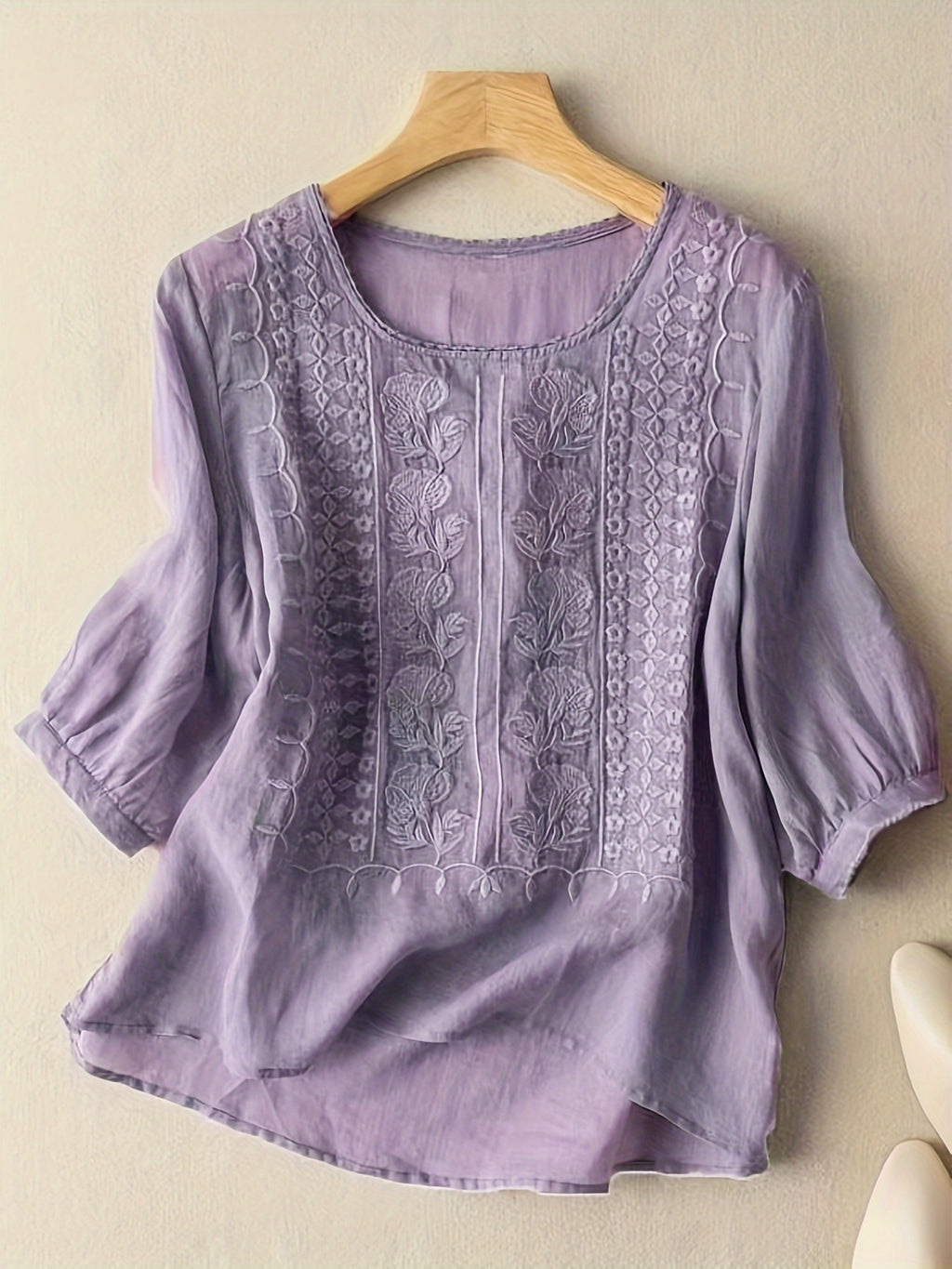 Boho Floral Embroidered Blouse Women V-Neck 3/4 Sleeve Loose Cotton Top Casual Applique All-Season Stretch Shirt S-XXL