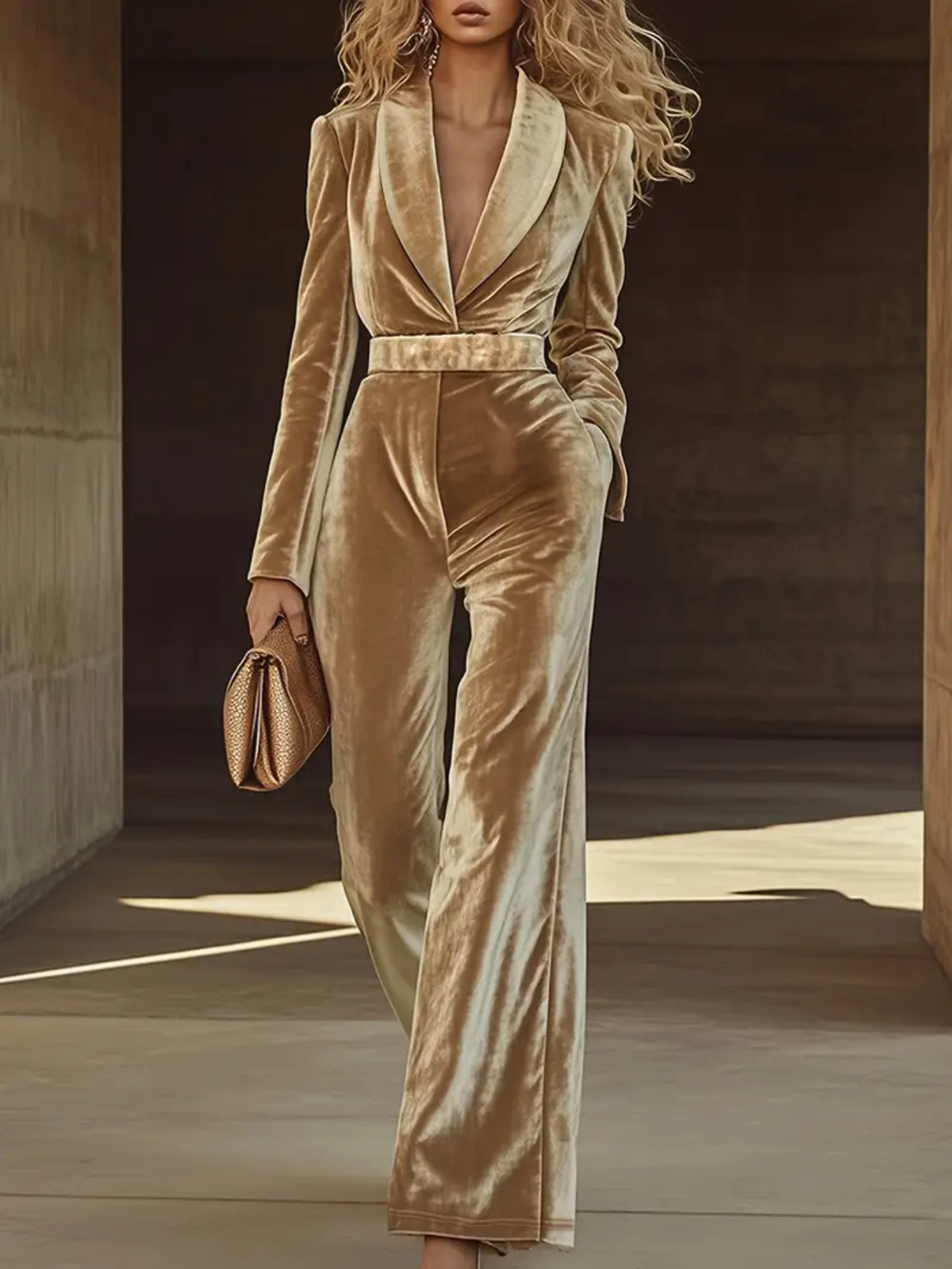 Velvet Wide Leg Jumpsuit Women Suit Collar Belt Khaki Elegant One Piece Outfit Daily Wear Party Holiday Fashion