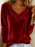 Velvet Swing Collar Long Sleeve Top Women Elegant Solid Color Stretchy Blouse Workplace Office Shirt Red Green Black Gold Fall Winter S-XXL