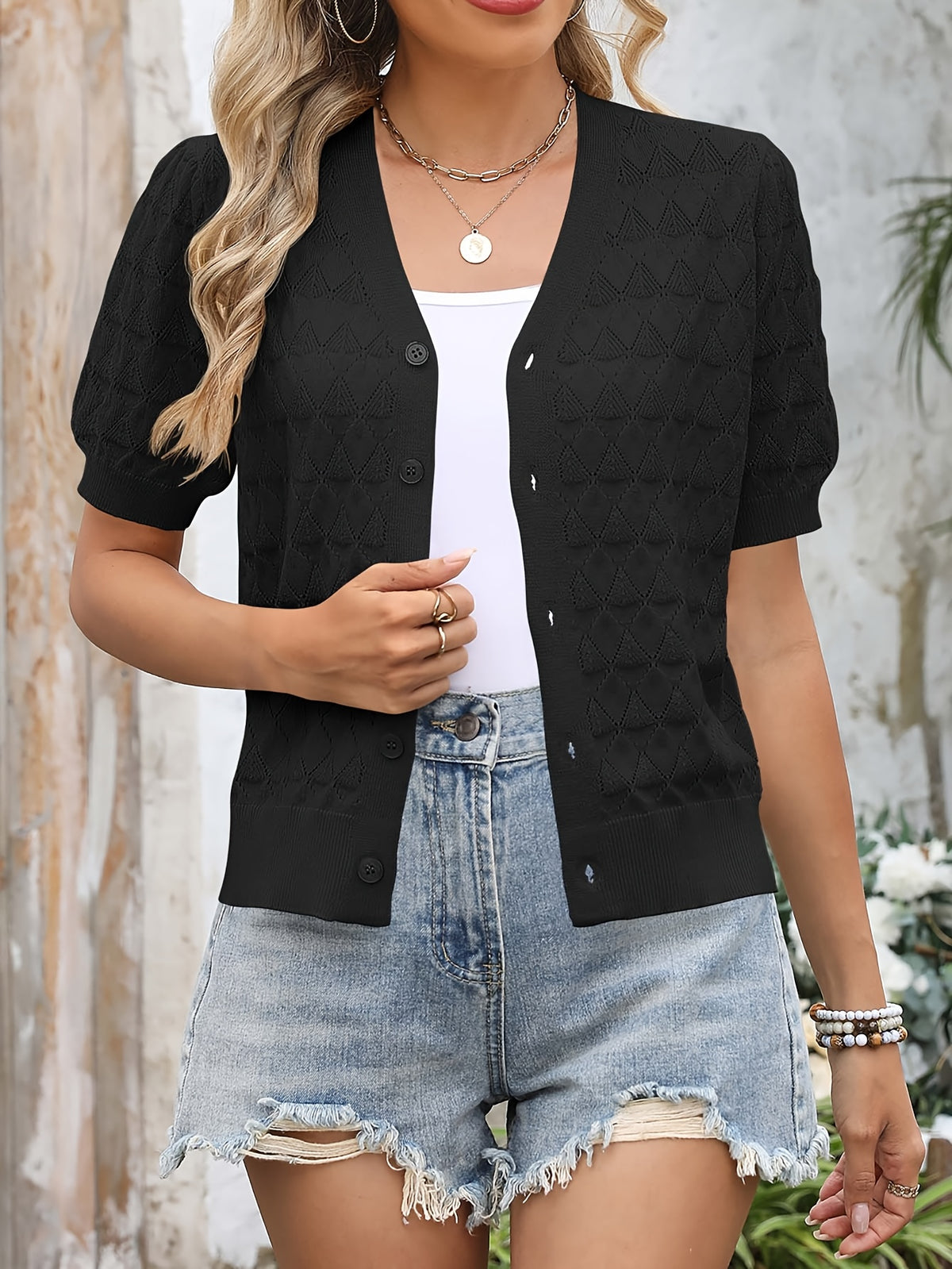 Women's Cropped Crochet Cardigan Puff Sleeve Linen Blend Sheer Lace Knit Short Top Breathable Lightweight Spring Summer Boho Fashion