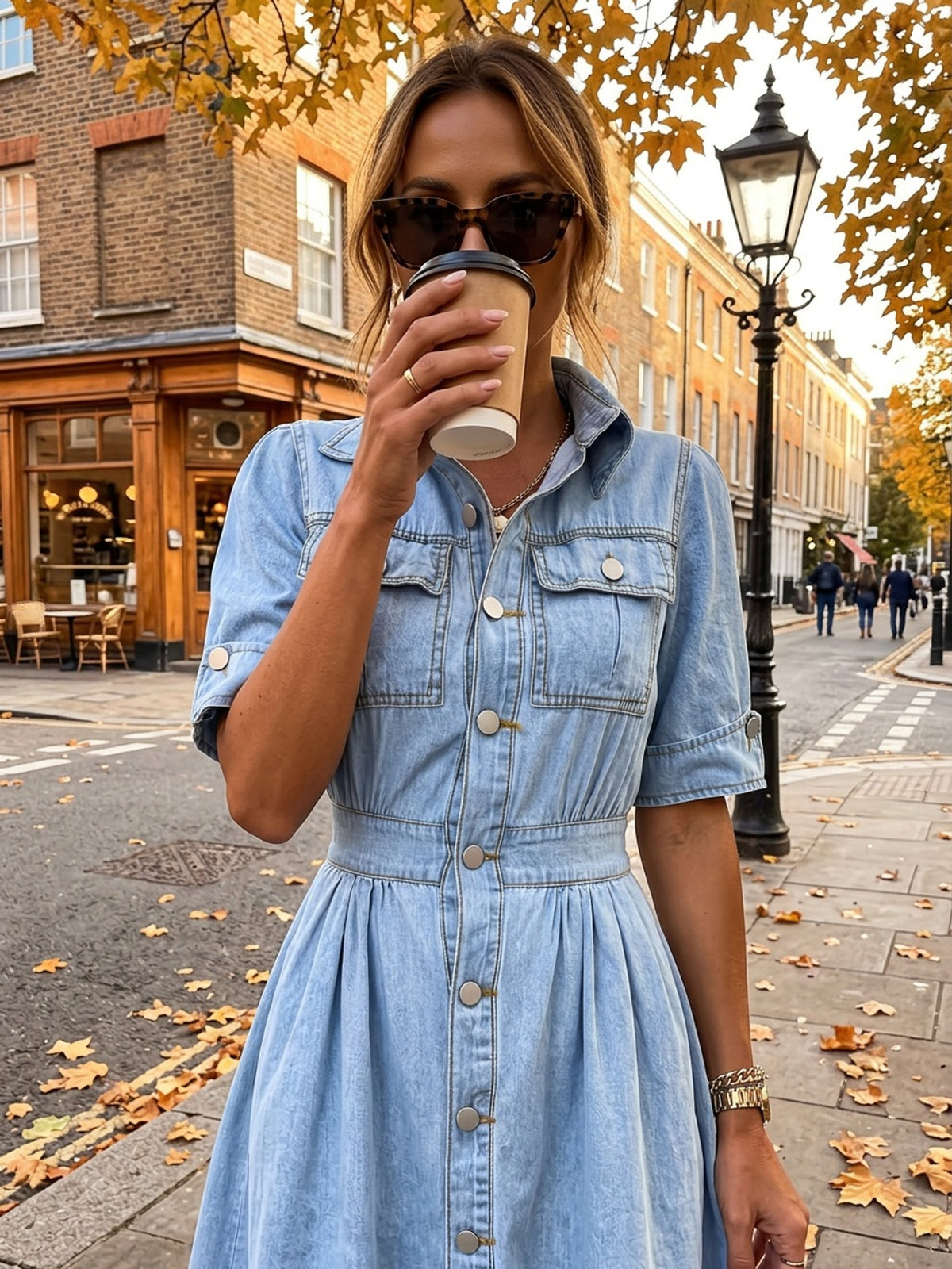 A-Line Denim Shirt Dress Women Collared Short Sleeve Button Front Pocket Jean Dress Casual Solid Color Spring Summer Everyday Wear
