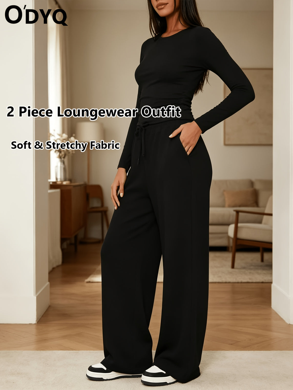 Women's 2 Piece Loungewear Set Casual Long Sleeve Top & High Waist Wide Leg Pants Sweatsuit Matching Outfit