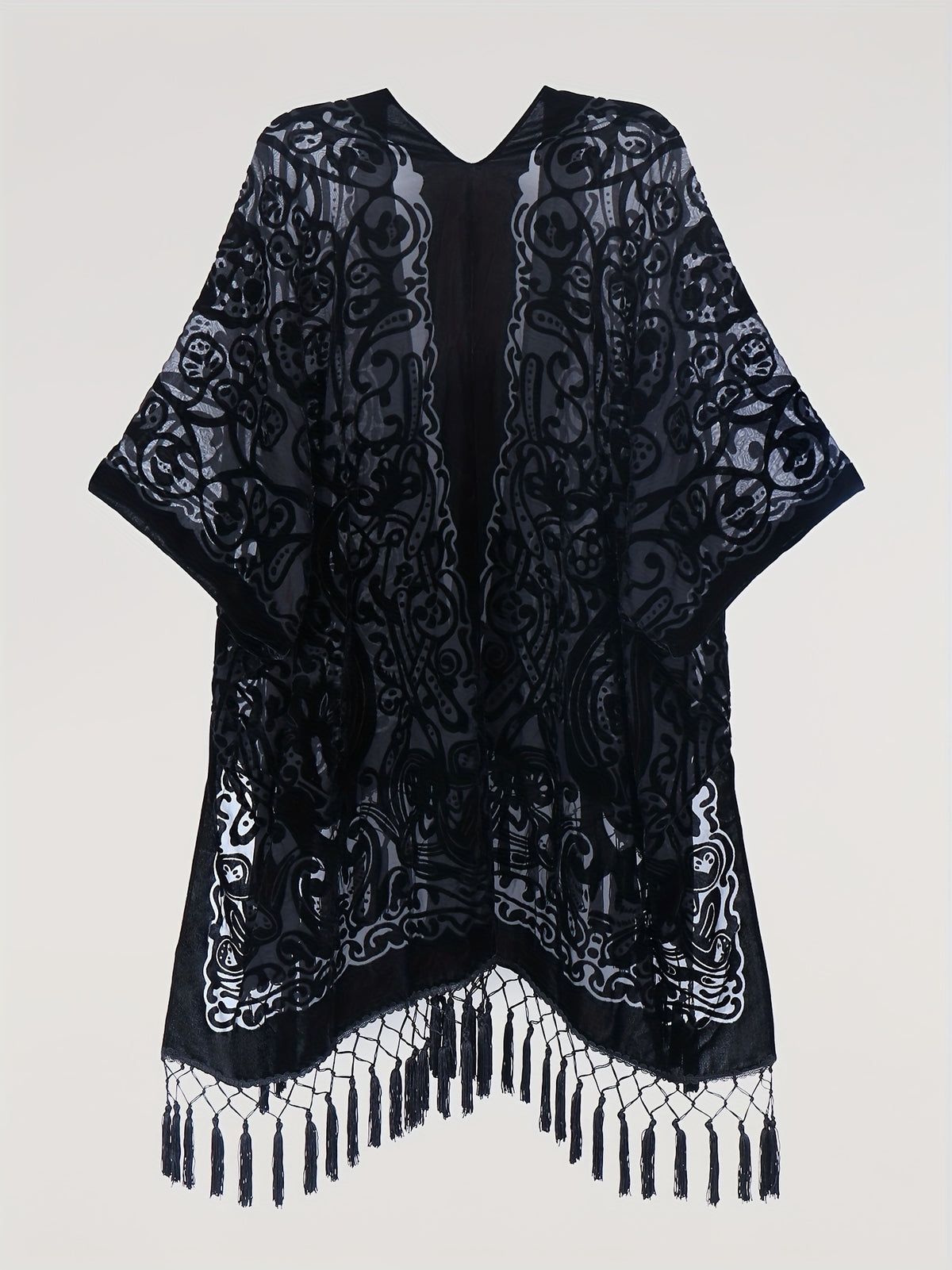 Boho Burnout Velvet Kimono Women Long Cardigan Cover Up Tassel Floral Embroidered One Size