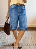 Cargo Denim Shorts Women Knee Length Vintage Light Wash Loose Fit Rolled Hem Side Cargo Pockets Vertical Seam Casual Daily Vacation Jean Shorts Blue