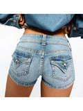 Low Rise Double Button Denim Shorts for Women - Bodycon Slim Fit Back Pocket Hot Pants, Sexy Casual Office Vacation Jean Shorts for Summer