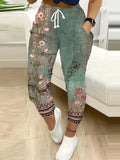 Floral Print Drawstring Cropped Jogger Pants Women Casual Stretchy Knit Elastic Waist Machine Washable Spring Summer S-XL