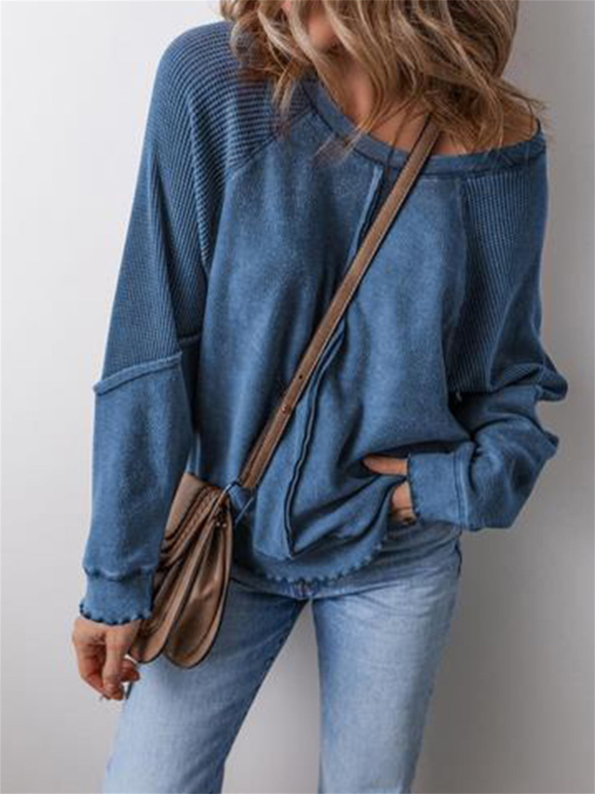 Women's Waffle Knit Long Sleeve Top Loose Spliced Color Block Casual Street Fashion Spring Fall Lightweight Pullover Shirt