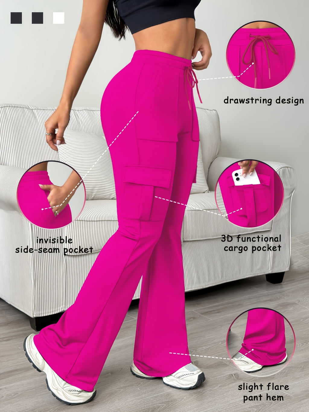 Wide-Leg Drawstring Sweatpants Women Solid Color Elastic Waist Micro Flare Pants with Pockets Stretchy Casual Daily Wear S-XL