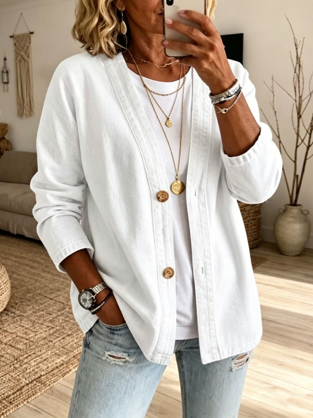 Women's V-Neck Denim Cardigan Jacket Open Front 3/4 Sleeve Loose Fit Button-Up Jean Coat Casual Lightweight Layering Top