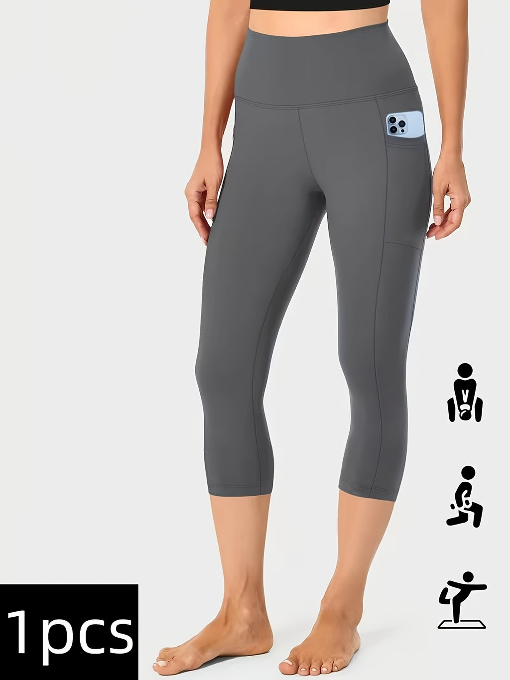 High Waist Capri Leggings with Pockets Women 4-Way Stretch Gray Workout Pants M-XXL Spring Summer Fall