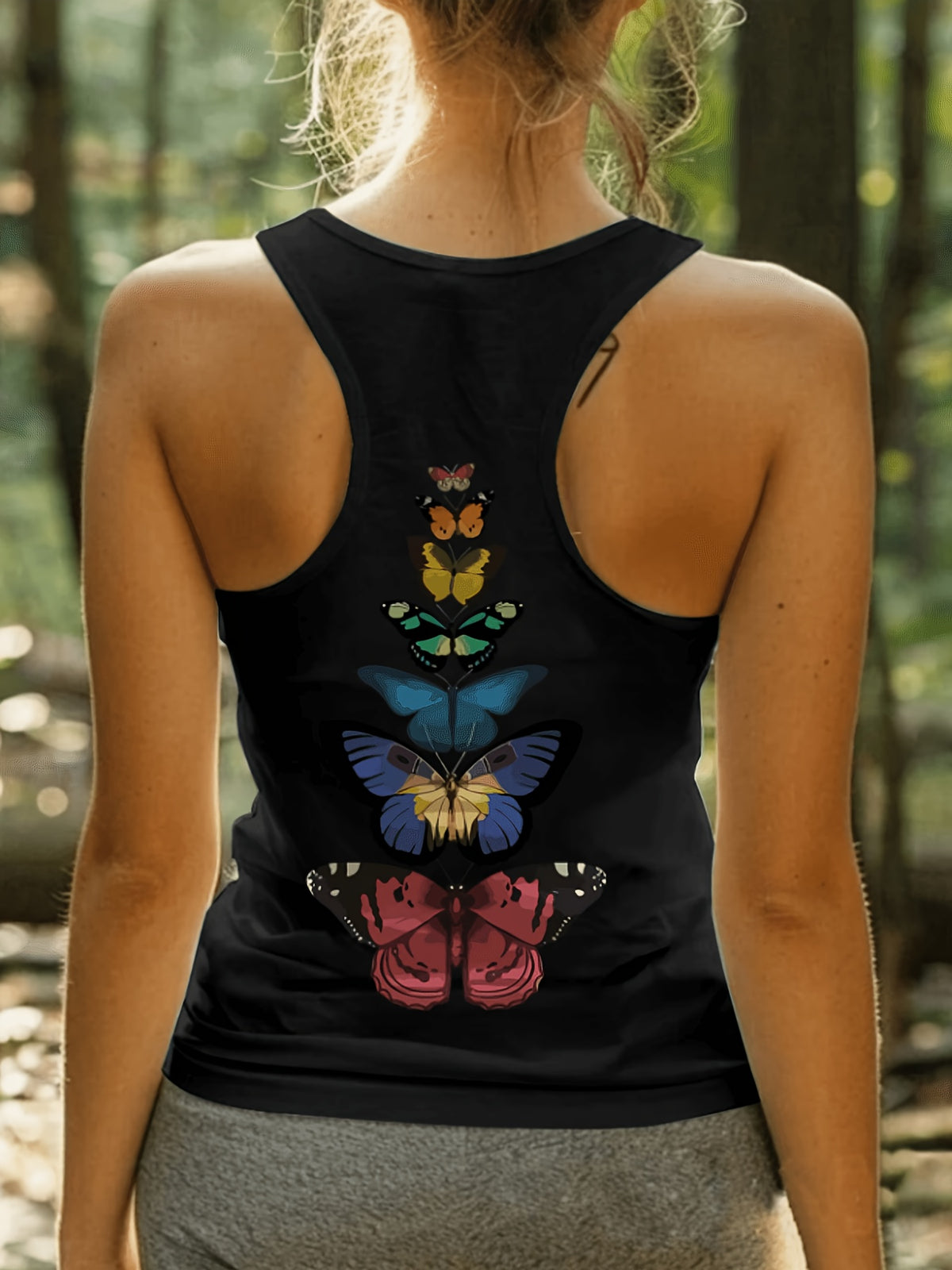 Butterfly Print Graphic Tank Top for Women Round Neck Casual Vest Sleeveless Art Letter Design Breathable Machine Washable Spring Summer Top
