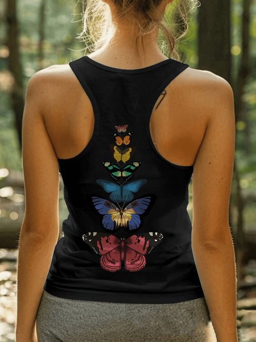 Butterfly Print Graphic Tank Top for Women Round Neck Casual Vest Sleeveless Art Letter Design Breathable Machine Washable Spring Summer Top