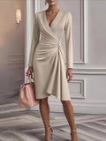 Pleated Waist V-Neck Slim Dress Women Long Sleeve Solid Color Waist-Cinching Elegant Work Party Daily Spring Fall Dress S-XXL