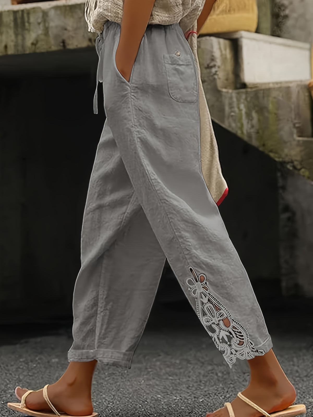 Lace Trim Wide Leg Pants Women High Waist Drawstring Casual Nine-Point Pants White Khaki Black Grey S-XXL