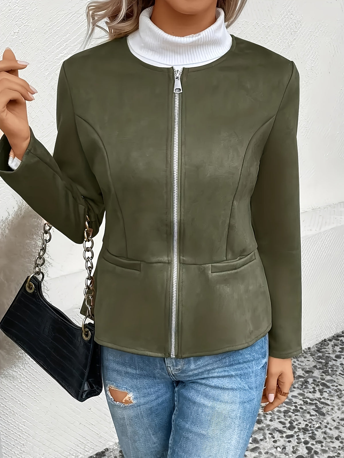 Slim Fit Zip Up Jacket for Women Round Neck Long Sleeve Casual Coat Solid Color All Season Versatile