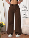 Women's High Waist Straight Leg Pants Stretch Elastic Waist Casual Loose Fit Solid Color Full Length Trousers Office Travel Daily