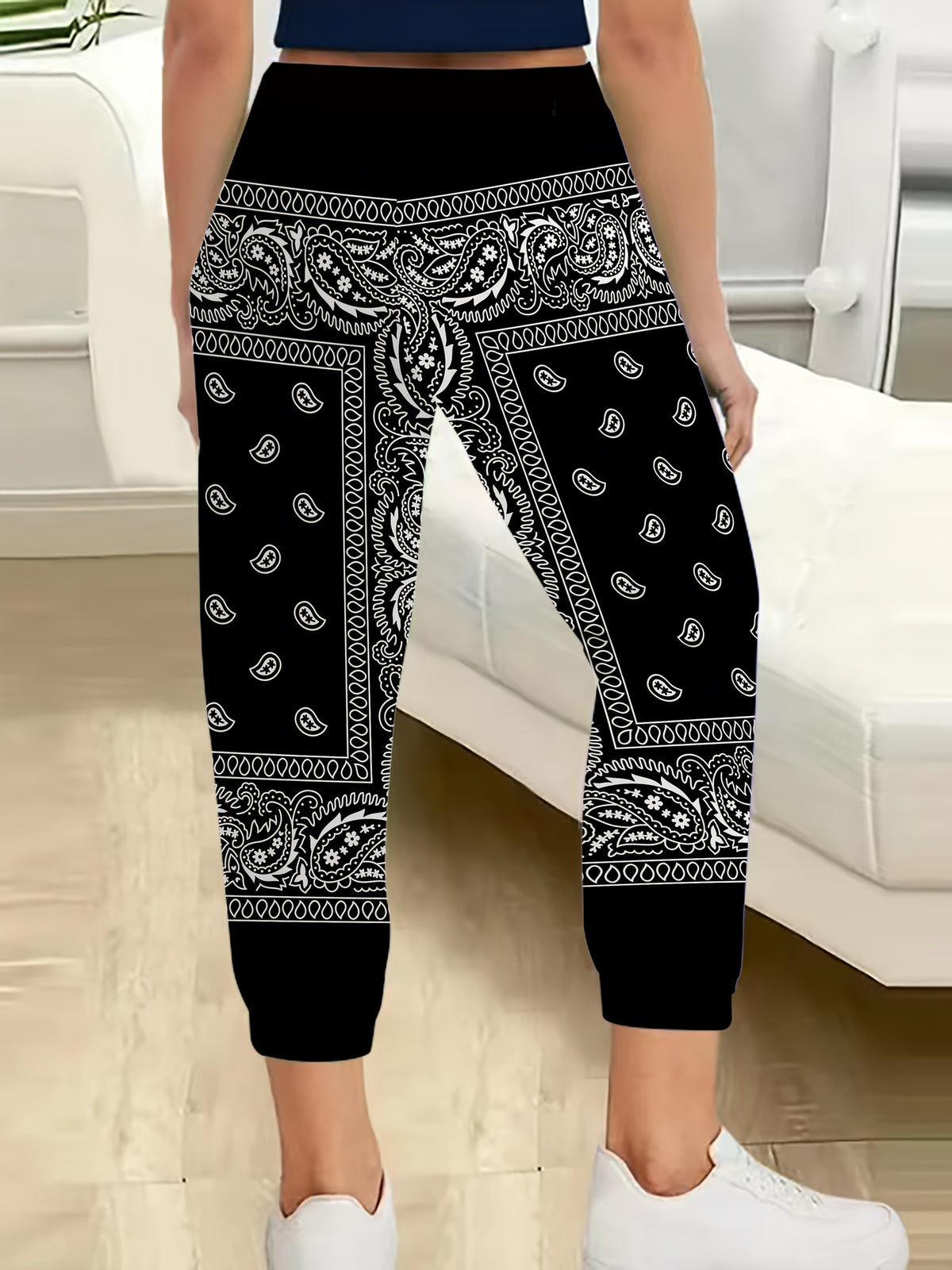 Paisley Wide Leg Pants for Women – Ethnic Bohemian Black White Houndstooth Print, Elastic Waistband Cuffed Trousers, Indian Bollywood Style Casual Loose Fit Machine Washable Bottoms S-XXL