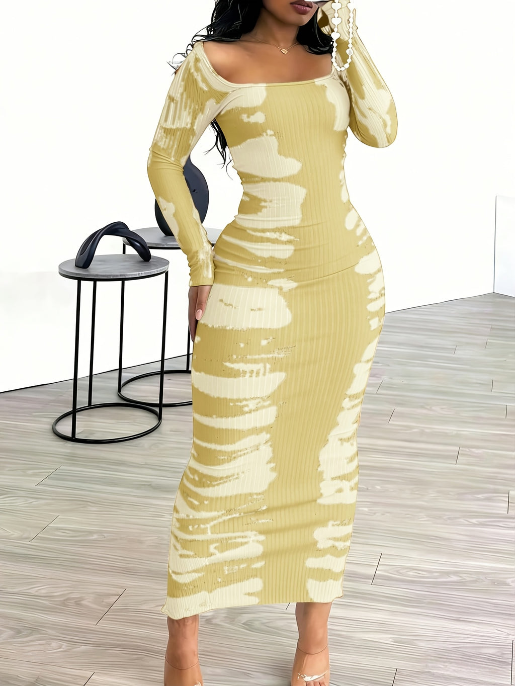 Tie-Dye Bodycon Maxi Dress Women Long Sleeve Ankle Length Contrasting Print Figure-Hugging Sexy Elegant Long Dress