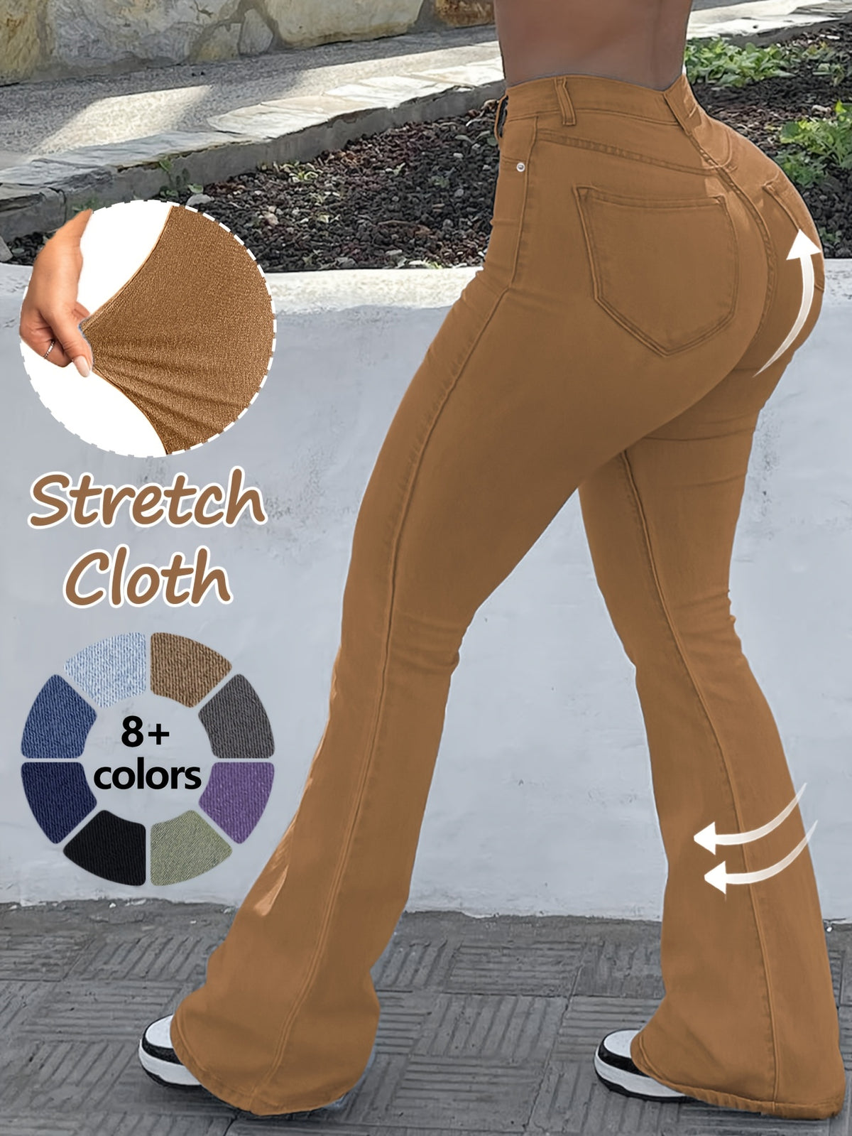 High Waist Stretch Flare Jeans Women Wide Leg Pants with Pockets – Solid Color Street Style, All-Season Comfortable Denim, Machine Washable