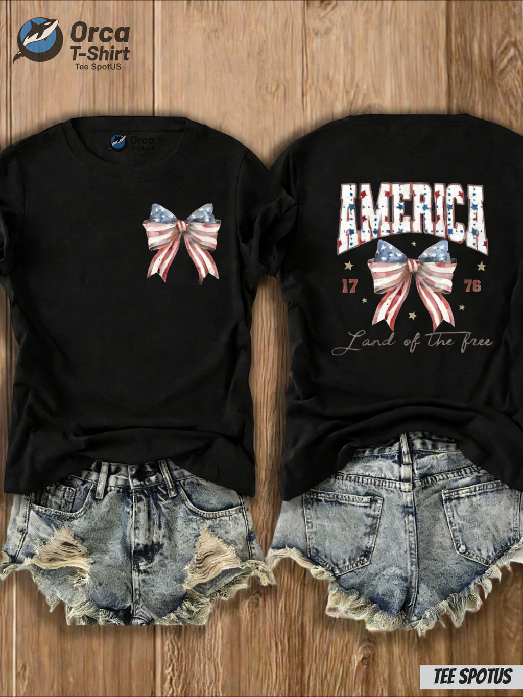 4th of July T-Shirt Women America Flag Bow Print Crew Neck Casual Patriotic Top 8 Colors S-XXL