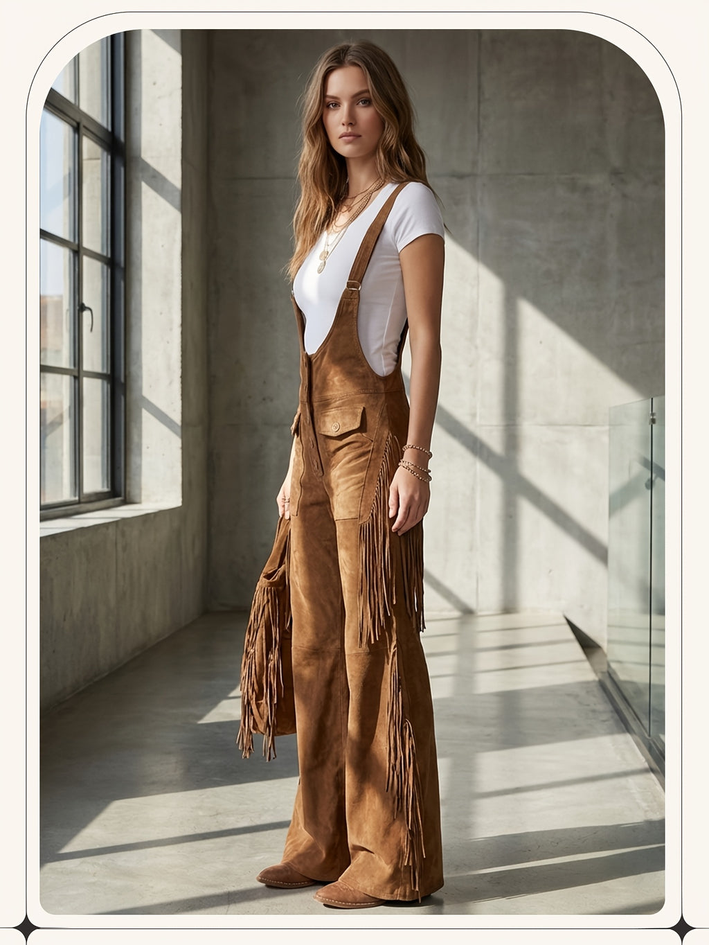 Vintage Fringe Overalls Women Wide Leg Loose Faux Suede Western Boho Festival Country Concert Halloween Costume Outfit