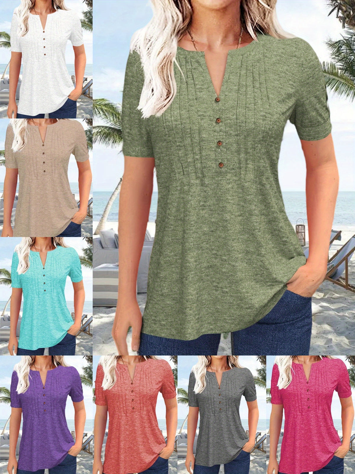 V-Neck Pleated Blouse Women Short Sleeve Button-Up Solid Color Summer Casual Flowy Top S-XL