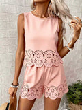 Cutout Short Sleeve Two Piece Set Women Drawstring High Waist Shorts Casual Lounge Vacation Flowy Outfit Pink Green Sky Blue Yellow XS-XXL
