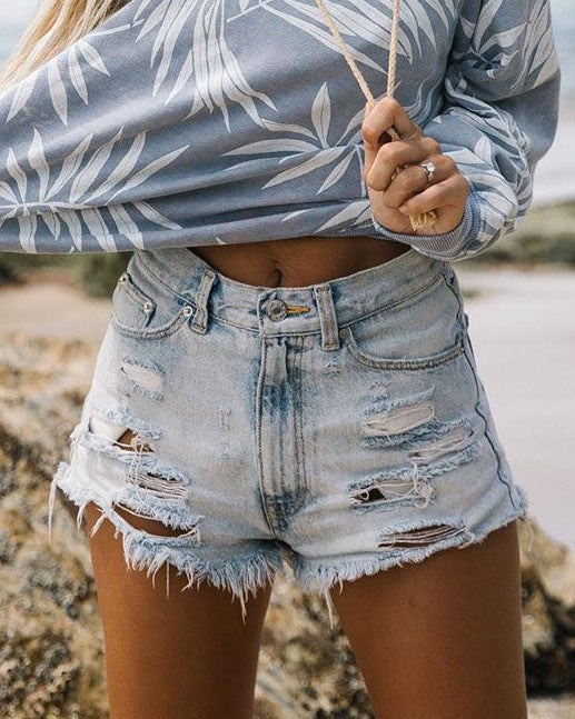 High Waisted Ripped Denim Shorts Women Frayed Hem Tassel Distressed Stretch Fit Light Blue Summer Casual S-XXL