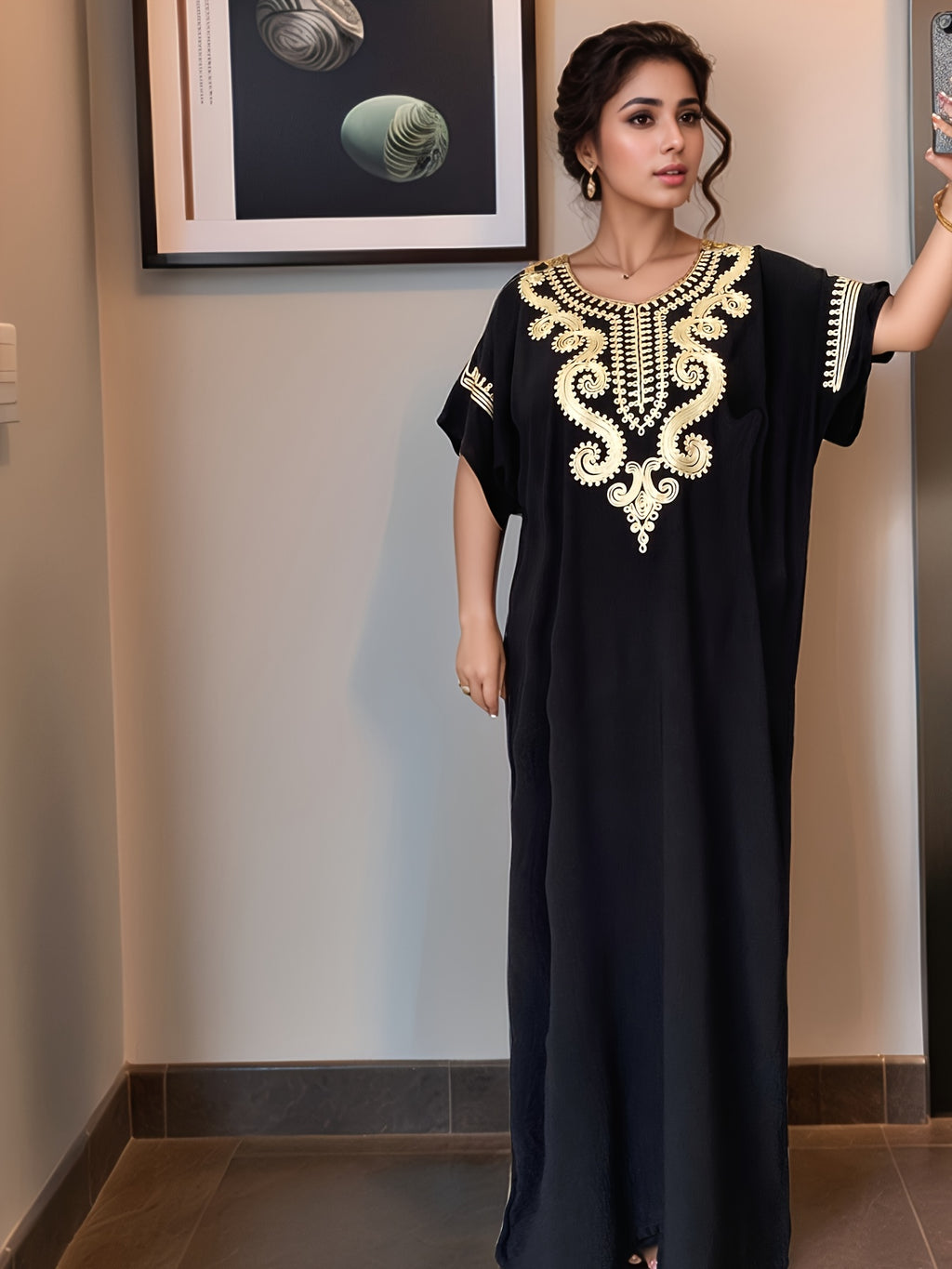 Women's Kaftan Dress Muslim Short Sleeve Round Neck Modest Robe for Hajj Eid Wedding Everyday Wear Year-Round Comfortable Cultural Dress for Women