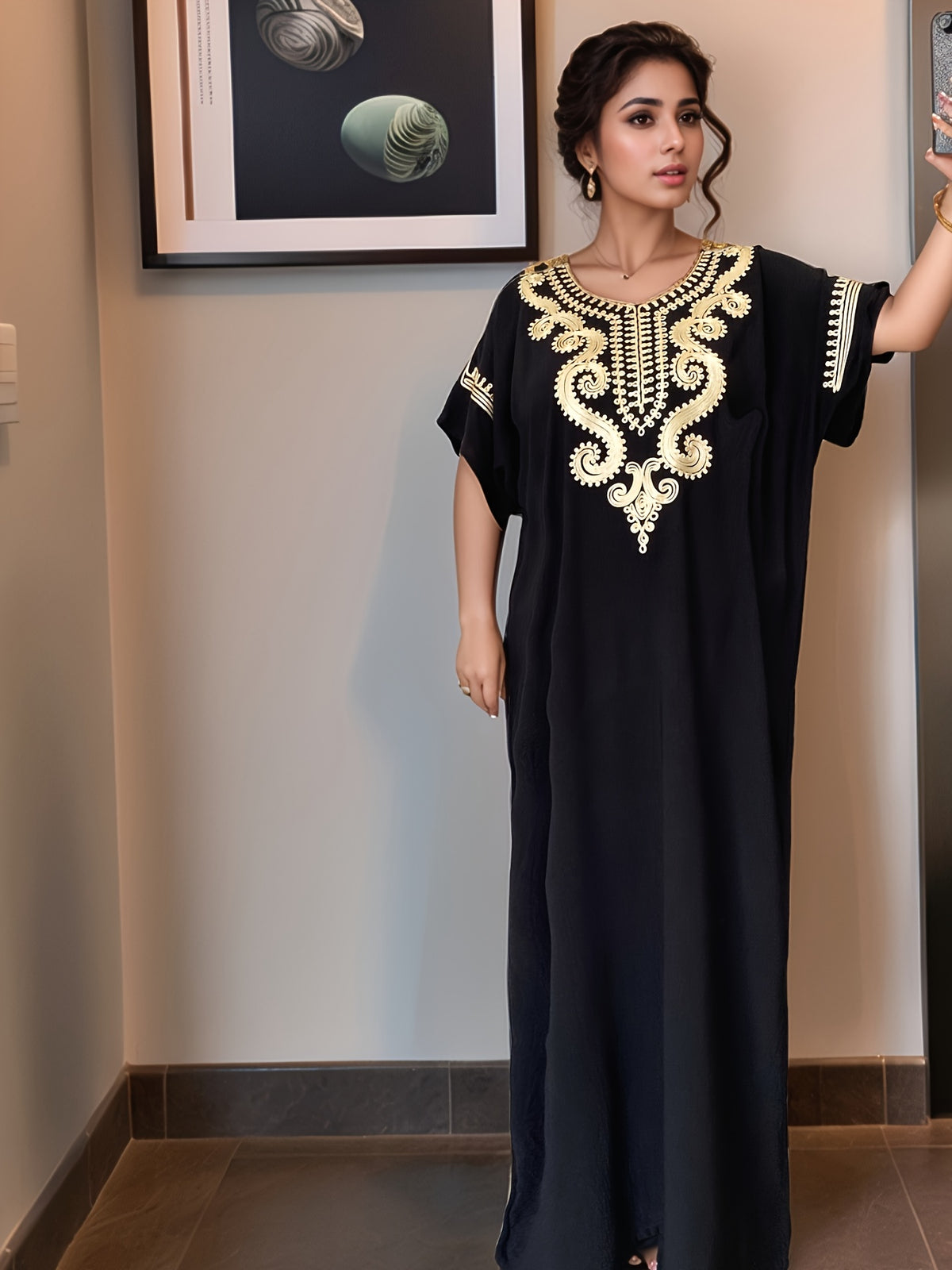 Women's Kaftan Dress Muslim Short Sleeve Round Neck Modest Robe for Hajj Eid Wedding Everyday Wear Year-Round Comfortable Cultural Dress for Women