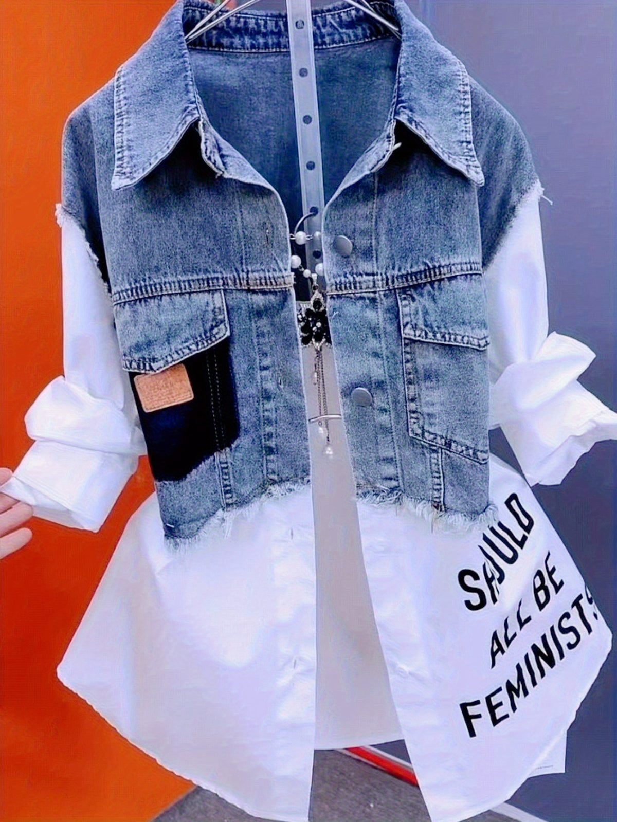 Denim Patchwork Crop Shirt Women Letter Print Blouse Striped Accents Spring Casual Top