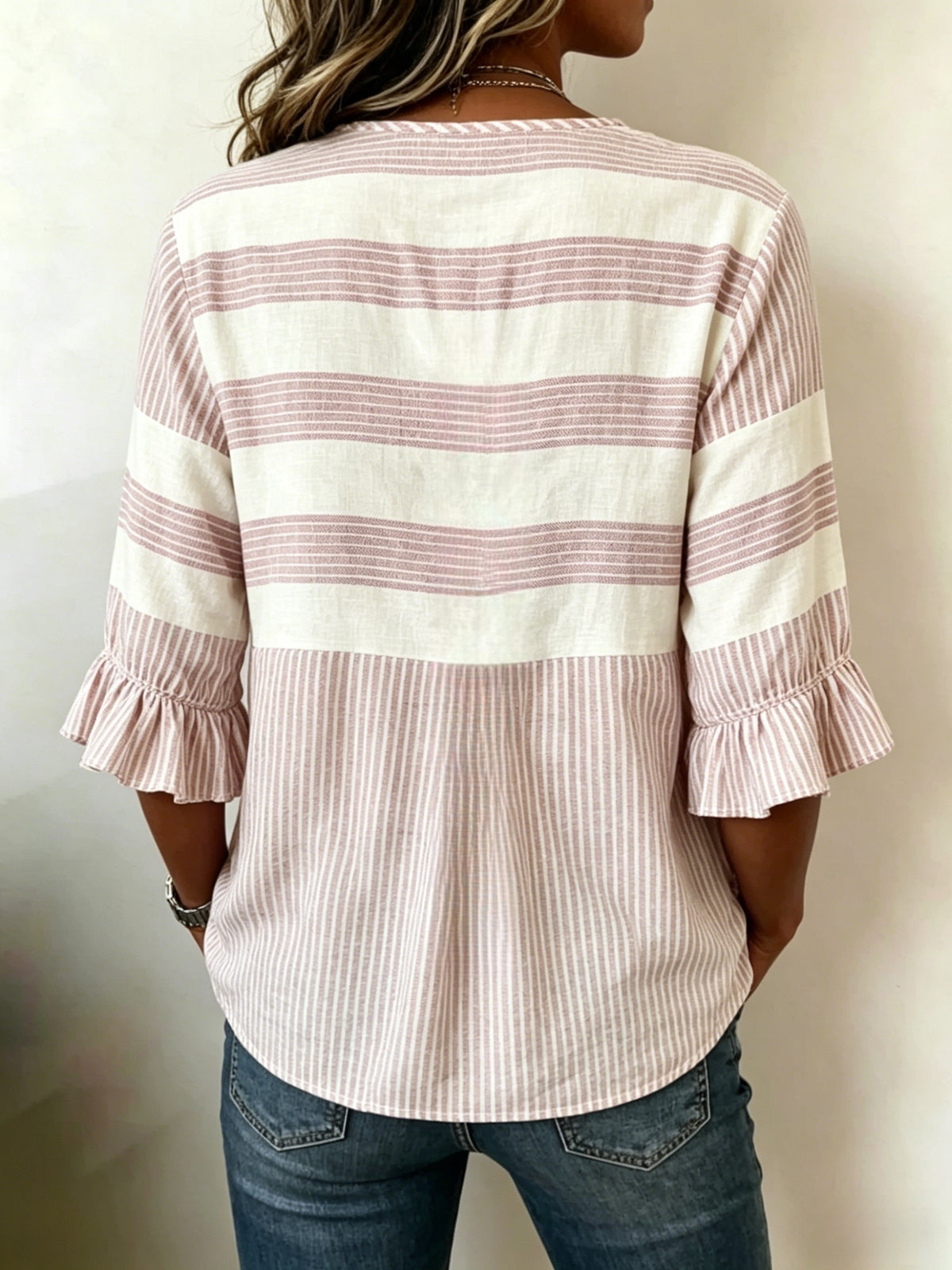 Striped V-Neck Blouse Women Ruffle 3/4 Sleeve Loose Fit Tunic Top Lightweight Linen Button Detail Summer Shirt S-2XL