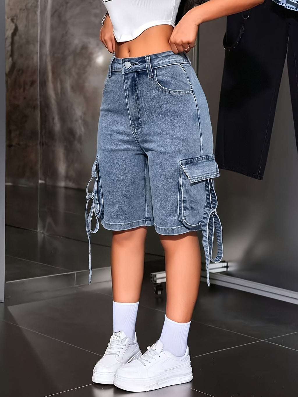 Korean Style Loose Casual Denim Shorts for Women - Drawstring Waist Built-In Zipper, Simple Solid Color Versatile Jean Shorts for Commute Home Outings Spring Summer