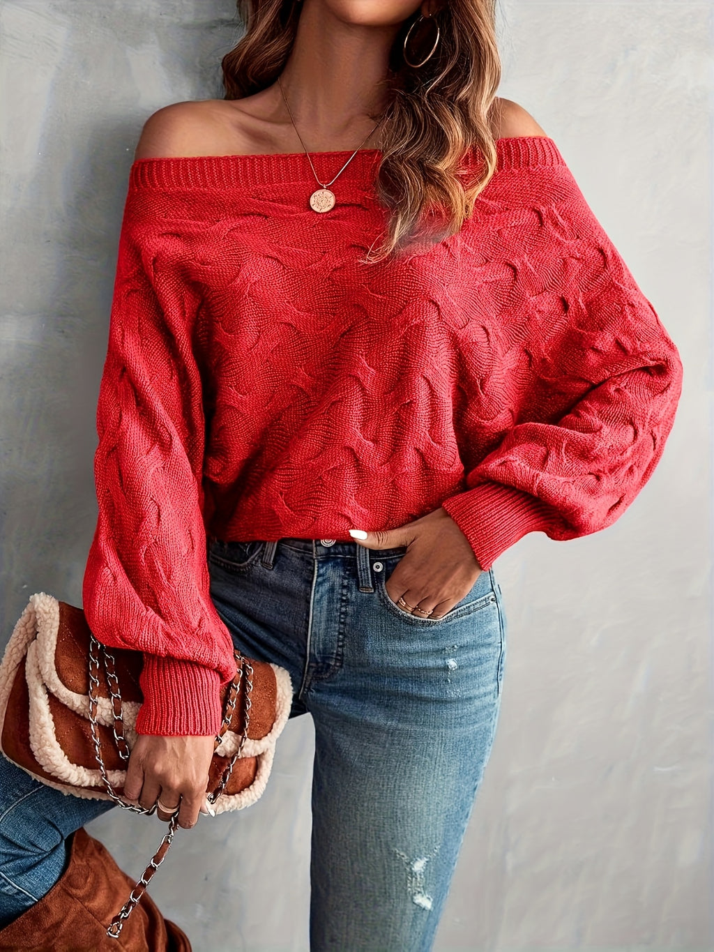 Off Shoulder Batwing Sleeve Knit Sweater Women Solid Green Oversized Pullover Top - Casual Relaxed Fit All Season Knit